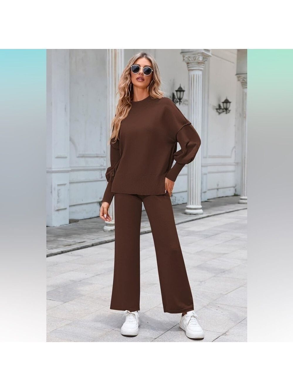 Sweater Set Women's Two Piece Long Sleeve Knit Top Brown